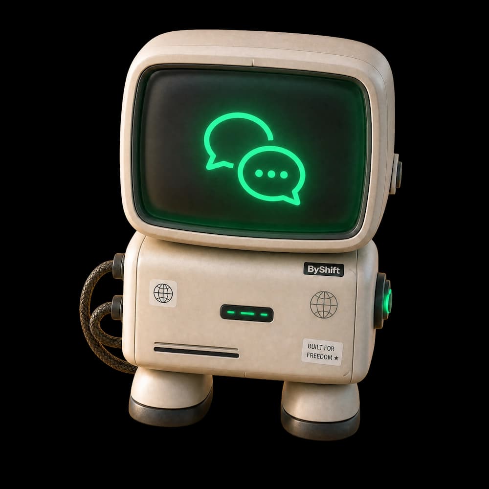 ByShift mascotte met spraakbubbels op zijn scherm